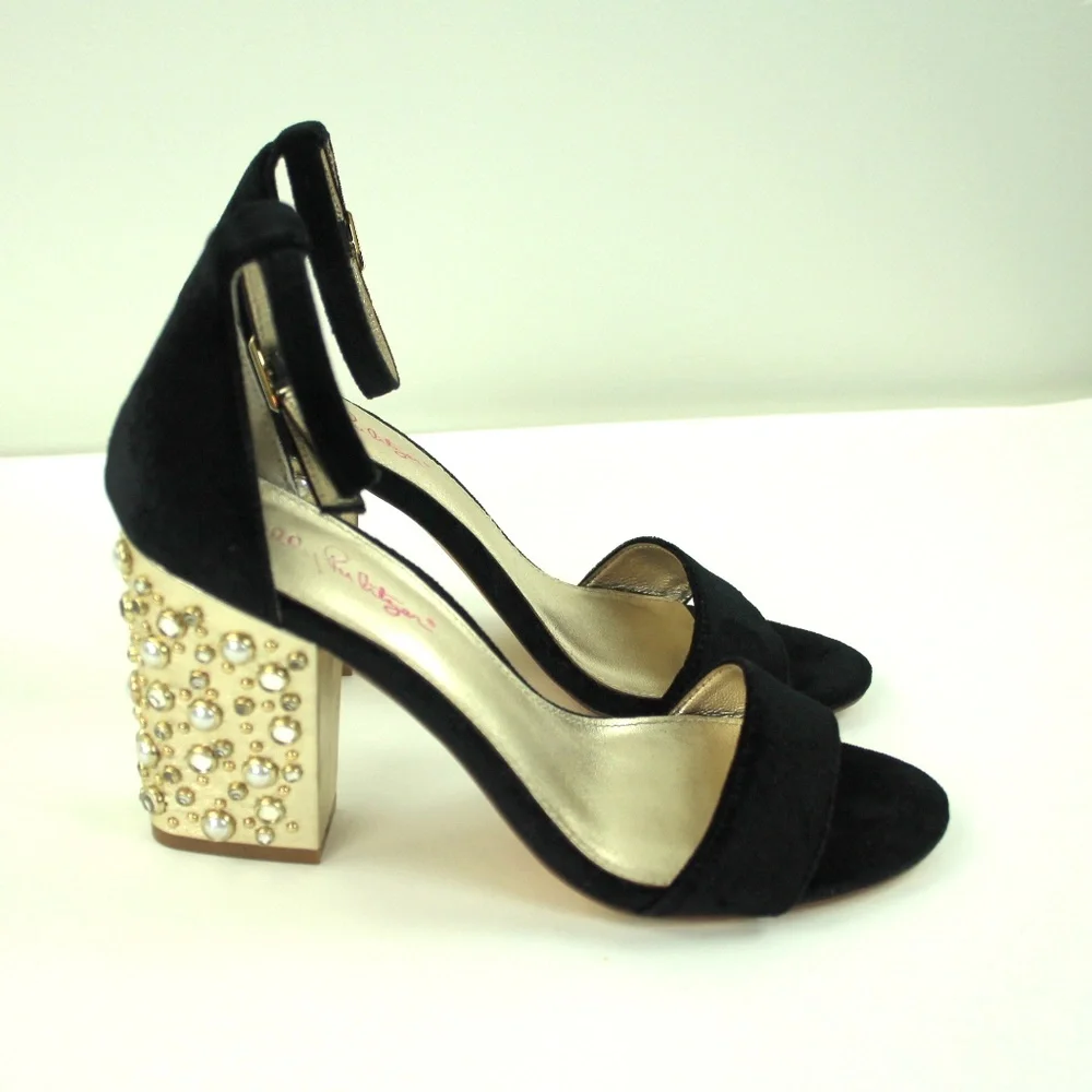Lilly Pulitzer Amber Lynn Black Velvet Faux Pearl Rhinestone Block Heel Sandal 7